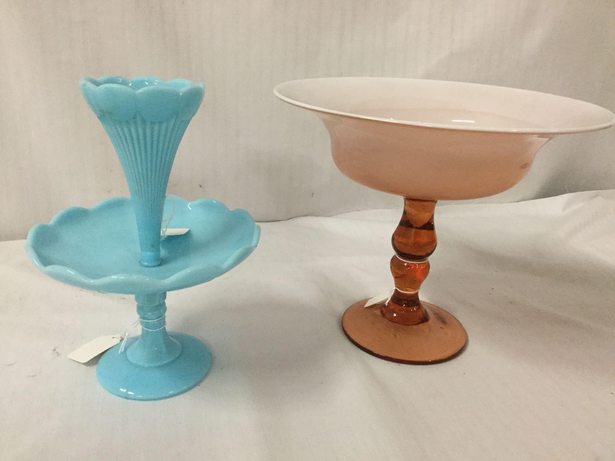 2 antique glass pcs incl. Portieux Vallerysthal single horn epergne & amber over milk compote