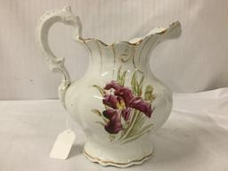 Antique Homer Laughlin porcelain pitcher w/ floral pattern and gold trim, pattern numbered 2164