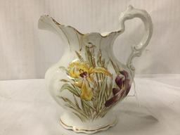 Antique Homer Laughlin porcelain pitcher w/ floral pattern and gold trim, pattern numbered 2164