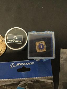 Collection of 19 Boeing pins and memorabilia. 1/4 year pilot attendance pin & keychain