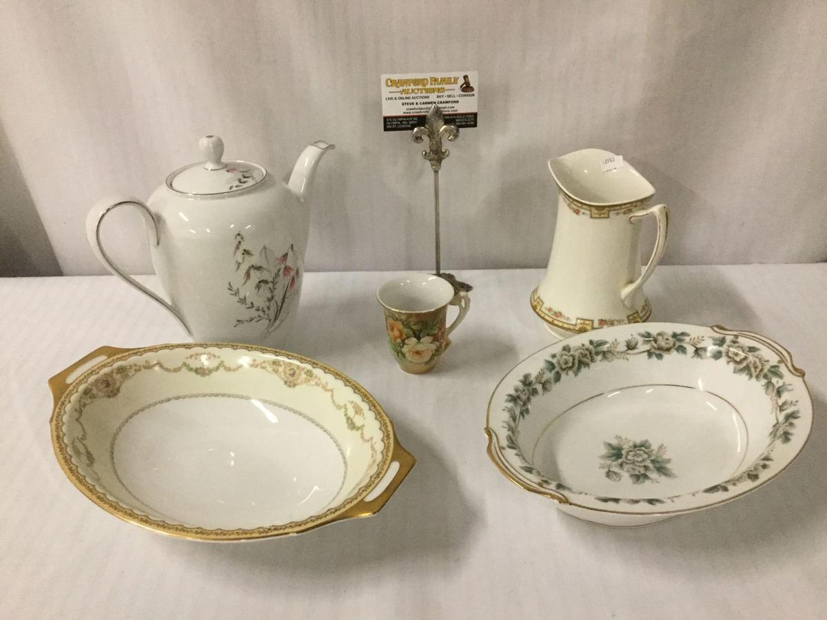 5 pcs of vintage asst china incl. WH Grindley ceramic pitcher, Bavarian Royal Duchess, Noritake