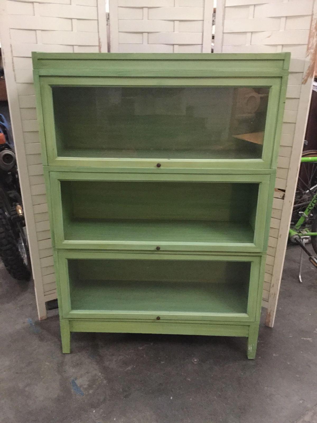 Vintage 3 tier lawyers cabinet in avocado - missing the middle glass pane