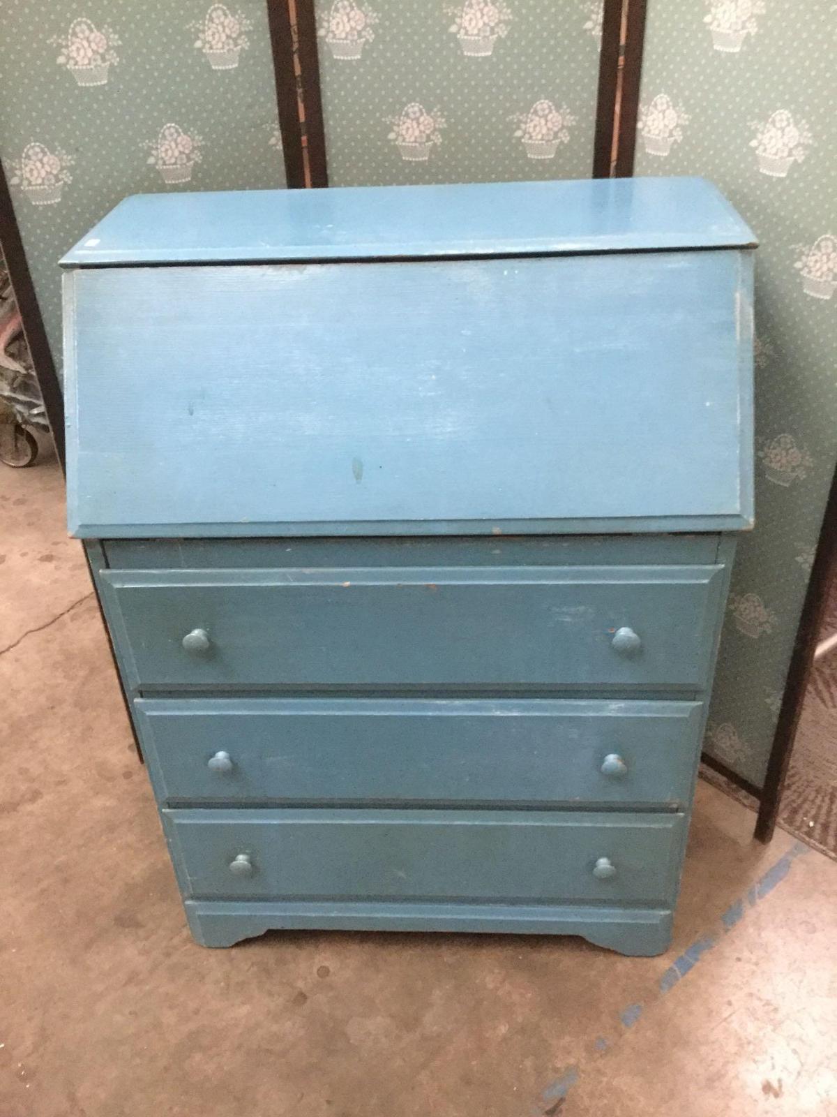 Vintage blue secretary desk - repainted, fair cond