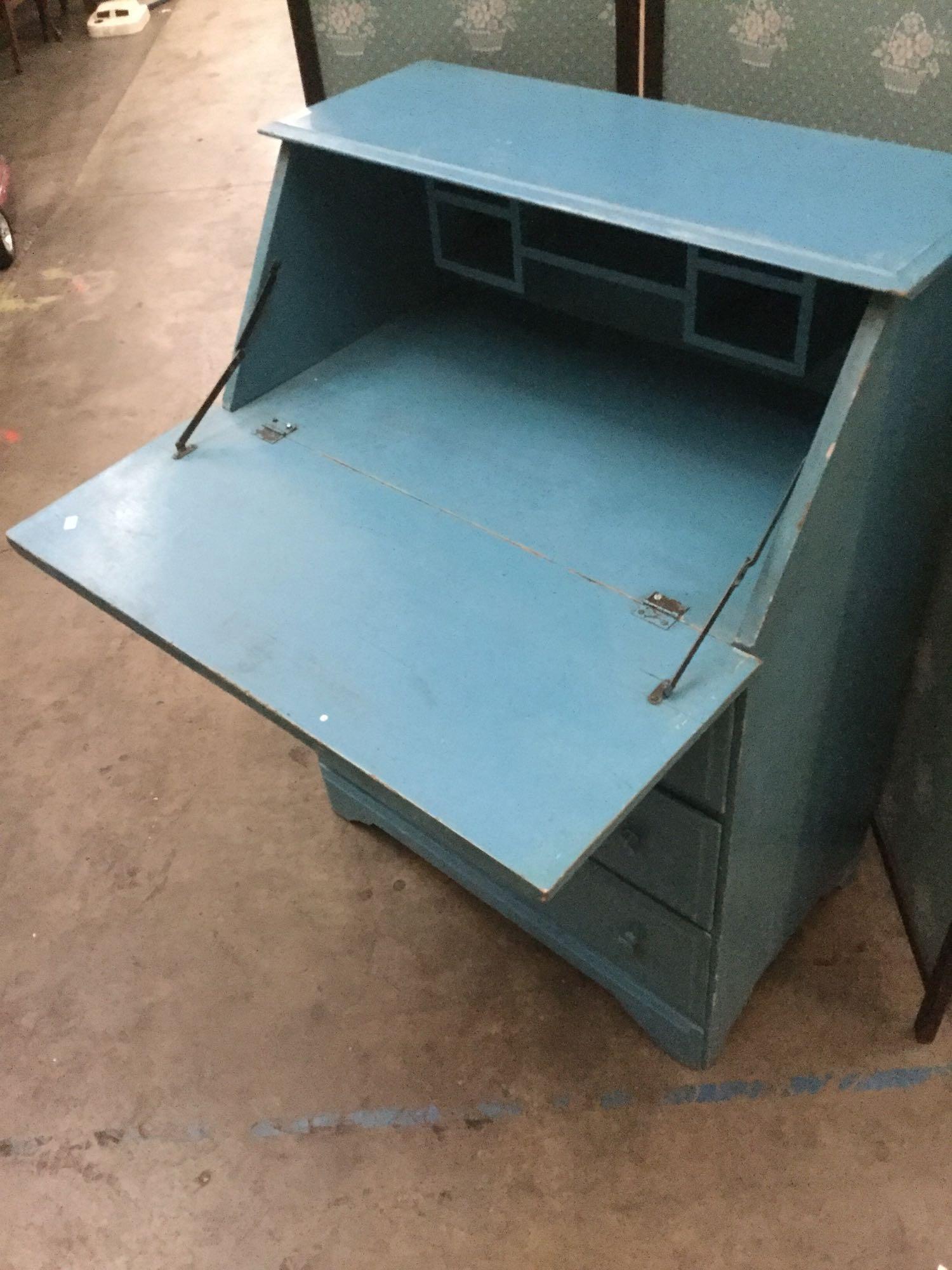 Vintage blue secretary desk - repainted, fair cond