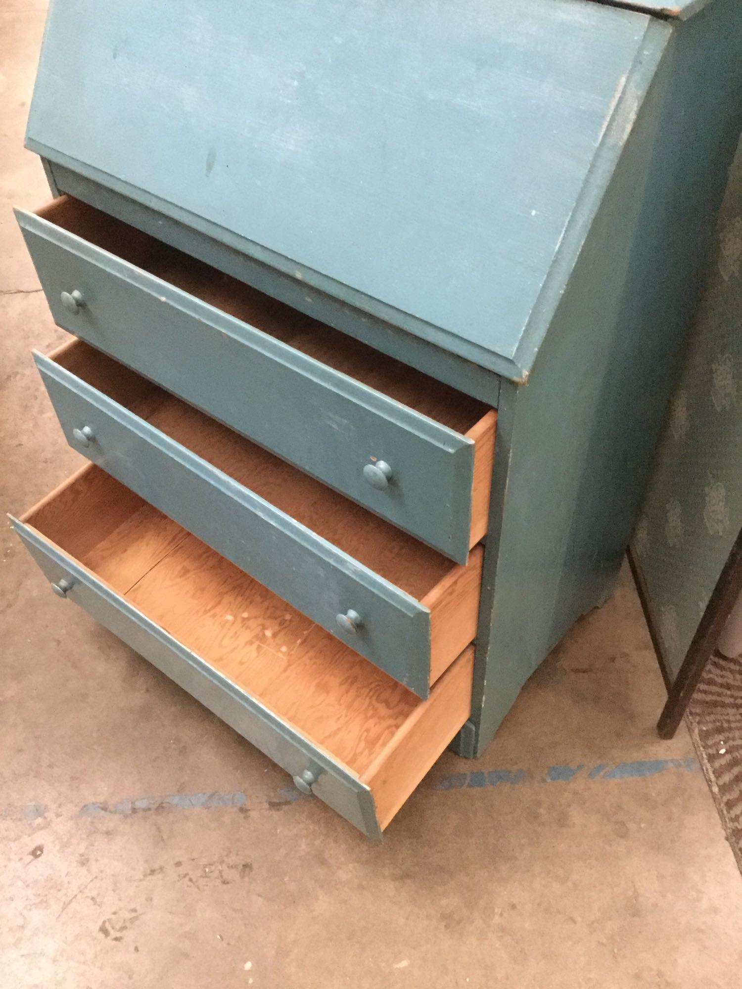 Vintage blue secretary desk - repainted, fair cond