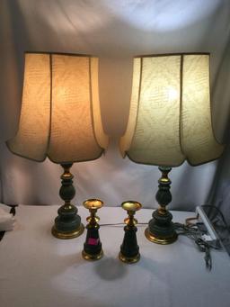 2 large vintage stone and brass Asian table lamps with smaller matching candle holders