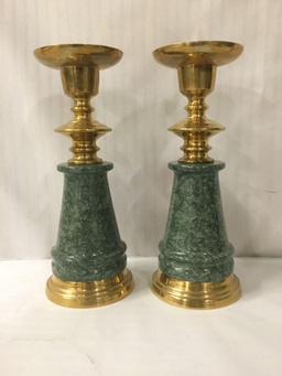 2 large vintage stone and brass Asian table lamps with smaller matching candle holders