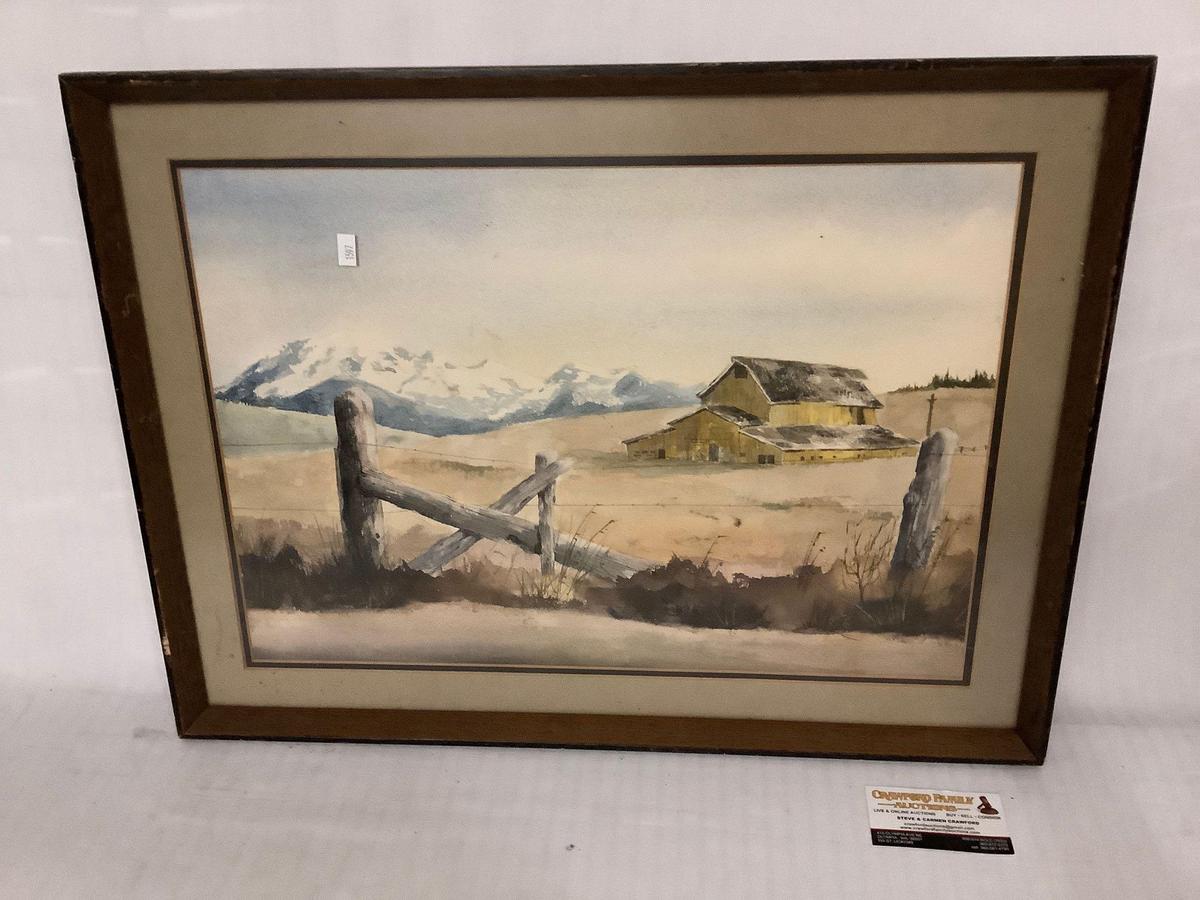 Framed original watercolor painting of barn with mountains in the background by M.W. Turner, 25x18