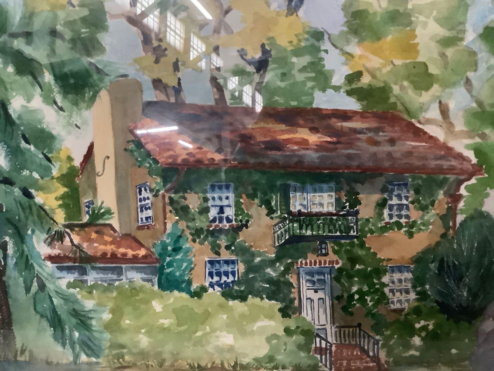 Framed original watercolor painting of the house, signed by artist Haar 1974, approx 22x16.5 inches