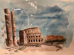 Framed watercolor painting of the Colosseum in Rome, approximately 23 x 17 inches