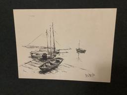 Pen and ink matted boat artwork by Jay Gould (Walt Disney animator) End of the Day, approx 20x16