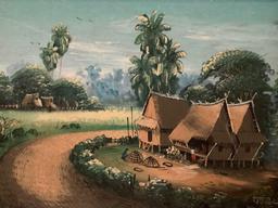 Vintage original painting on board of huts /small village , signed by unknown artist approximately