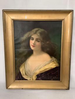 modern repro print portrait of a woman by A. Asti approx 24x29 inches in vintage frame