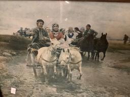 Antique framed print of horse carriage riders Crossing Creek, approximately 16.5 x 12.5 inches