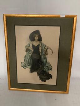 Antique 1910 Harrison Fisher print of a woman, approximately 13 x 16 inches.