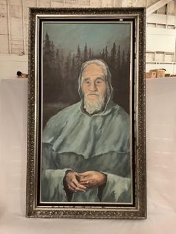 Large ornate framed original canvas portrait painting of a man in the forest wearing a poncho, 31x56
