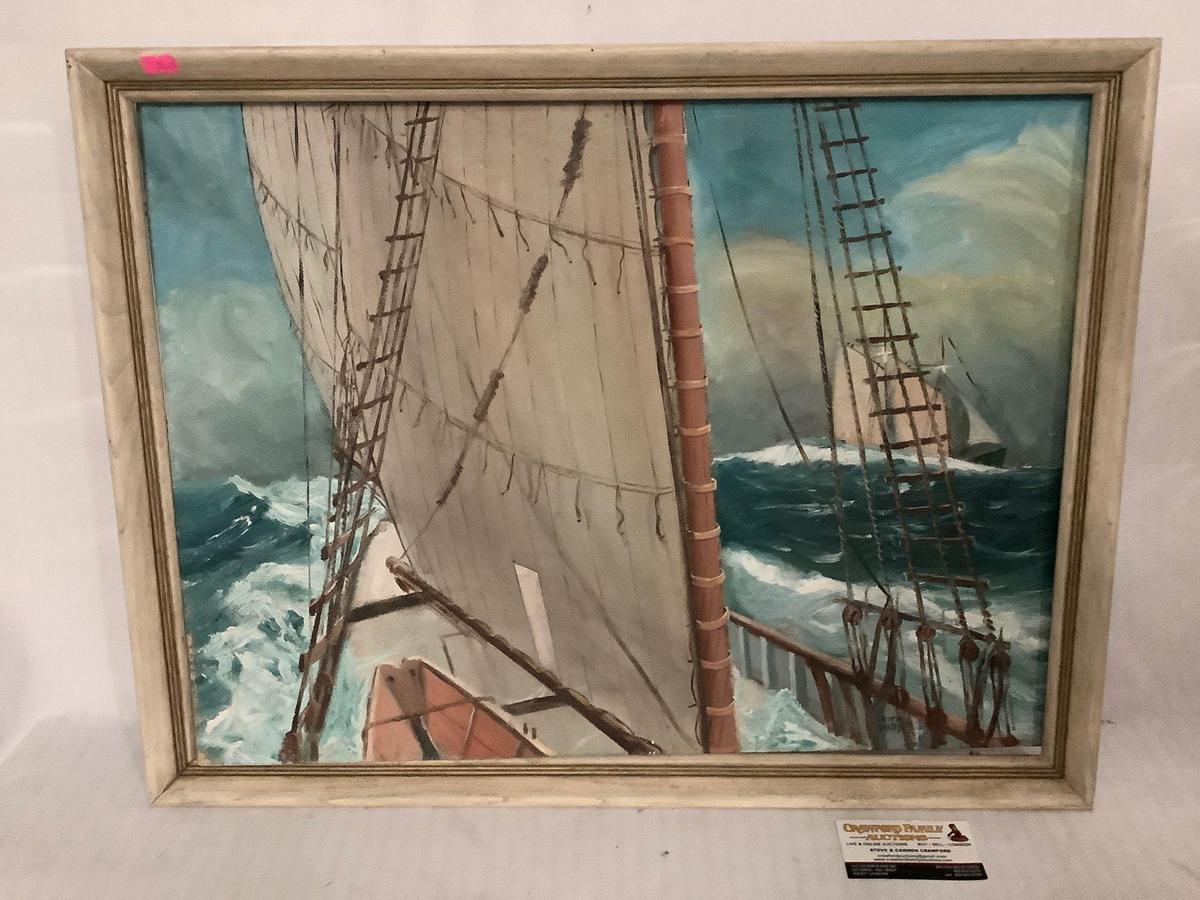 Vintage original canvas board painting of ships at sea by Fritz Dolby 1969 approximately 28 x 20