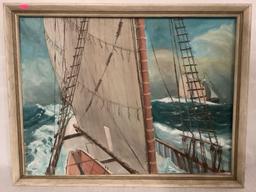 Vintage original canvas board painting of ships at sea by Fritz Dolby 1969 approximately 28 x 20