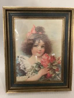 Vintage framed portrait print of a young girl with roses, approximately 17 x 21 inches