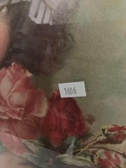 Vintage framed portrait print of a young girl with roses, approximately 17 x 21 inches