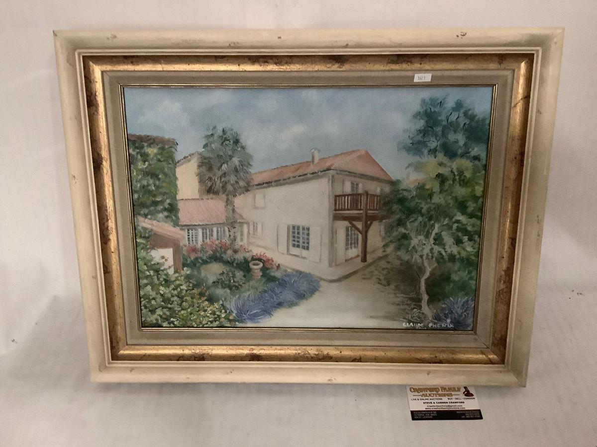 Framed original painting of a house Chez Barbara by Claude Phenix 2009, approx 22.5x18 inches.