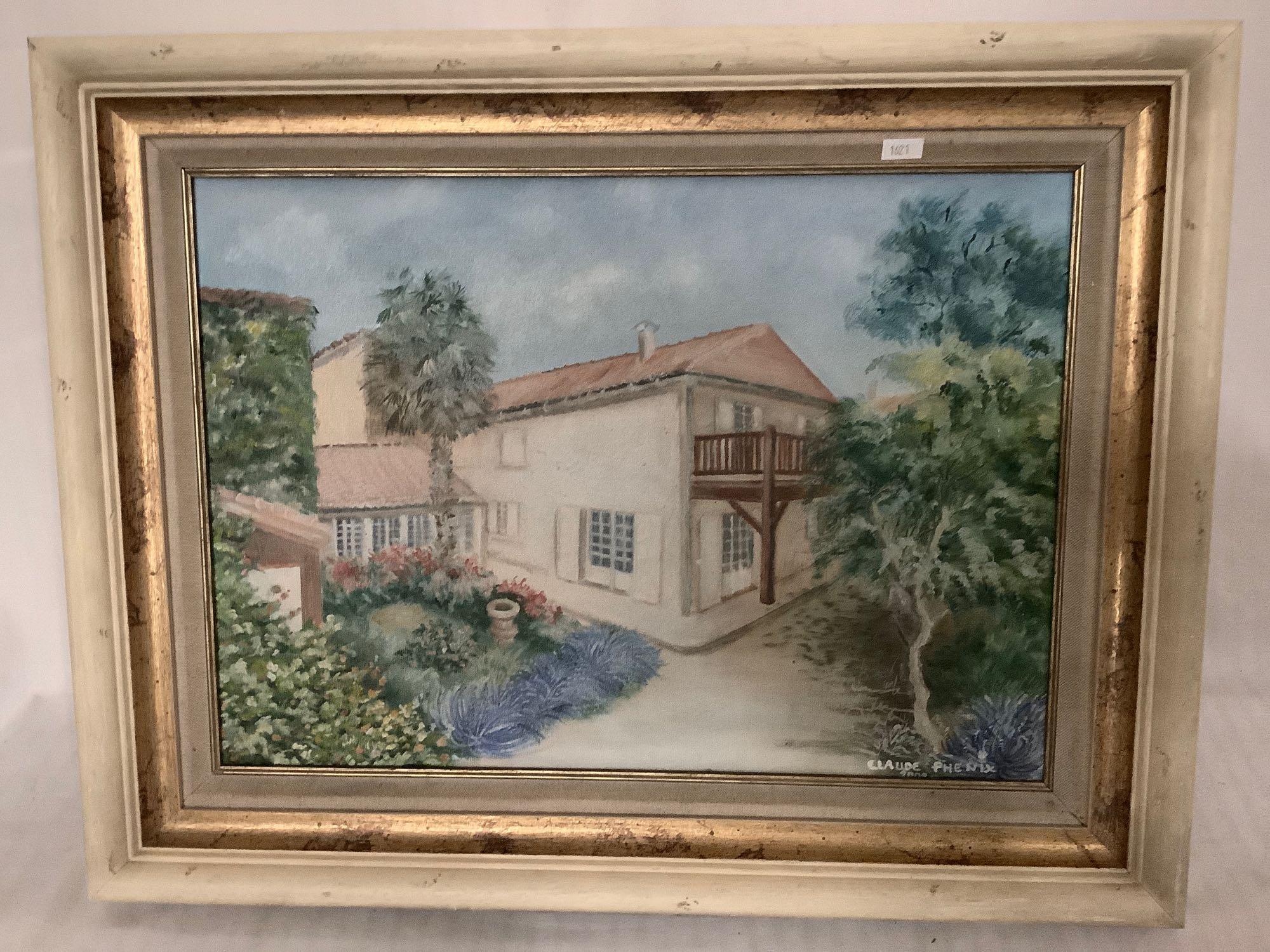 Framed original painting of a house Chez Barbara by Claude Phenix 2009, approx 22.5x18 inches.