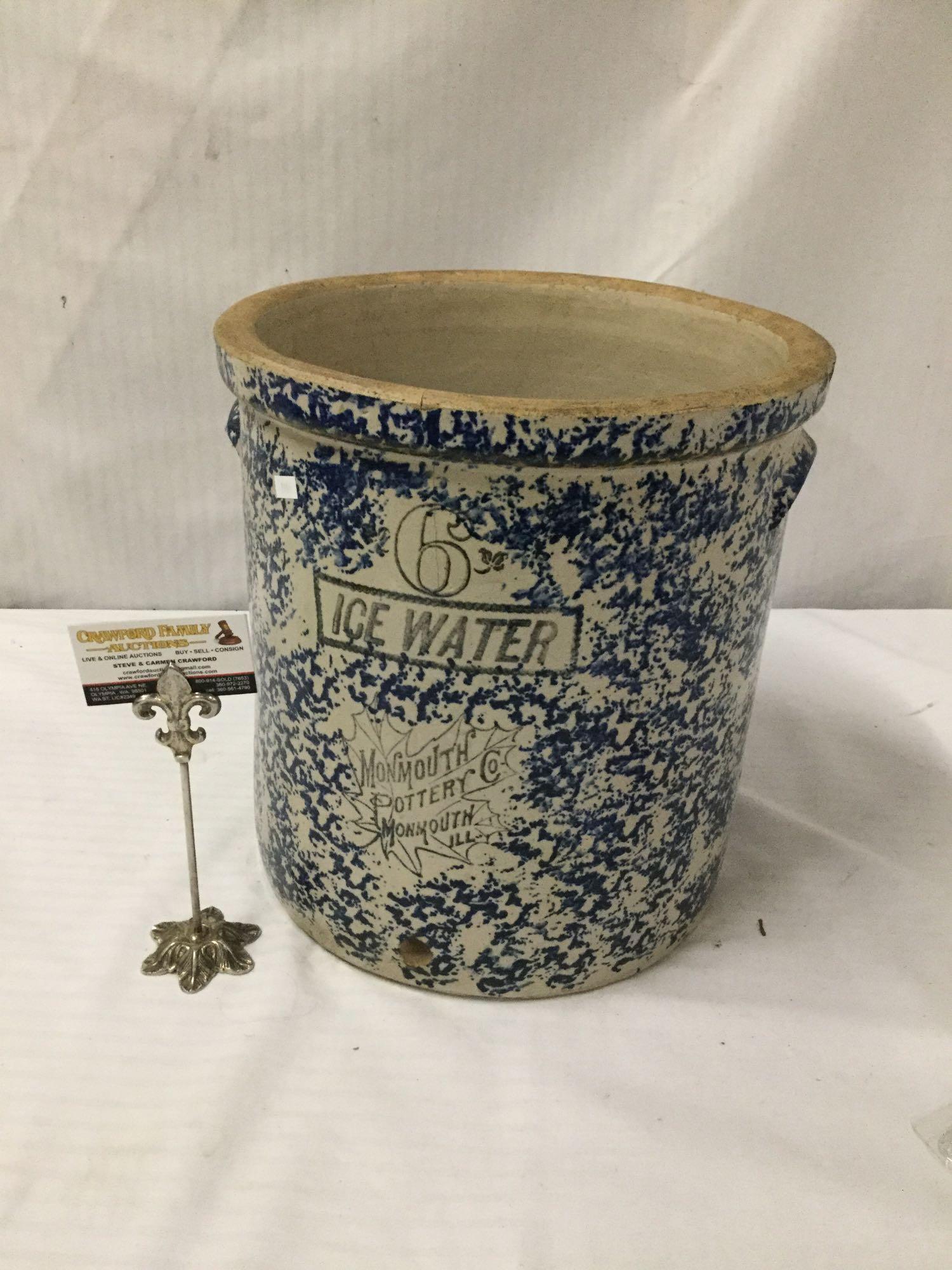 Large 6 gal. ice water crock from Monmouth Pottery in Monmouth, IL w/ clean advertising