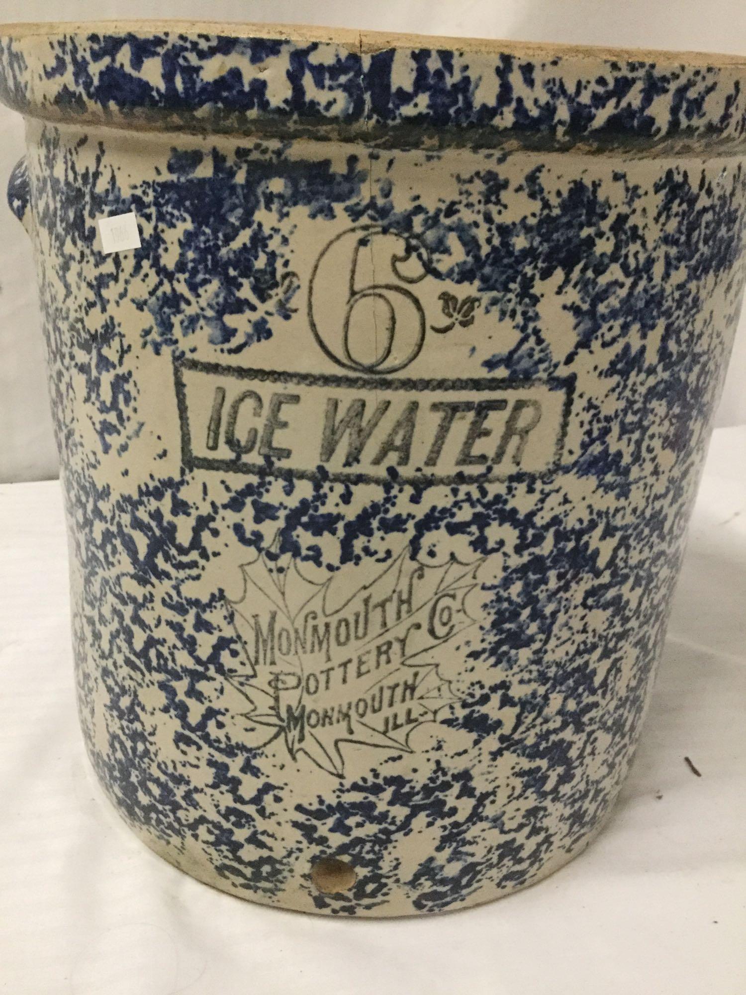 Large 6 gal. ice water crock from Monmouth Pottery in Monmouth, IL w/ clean advertising