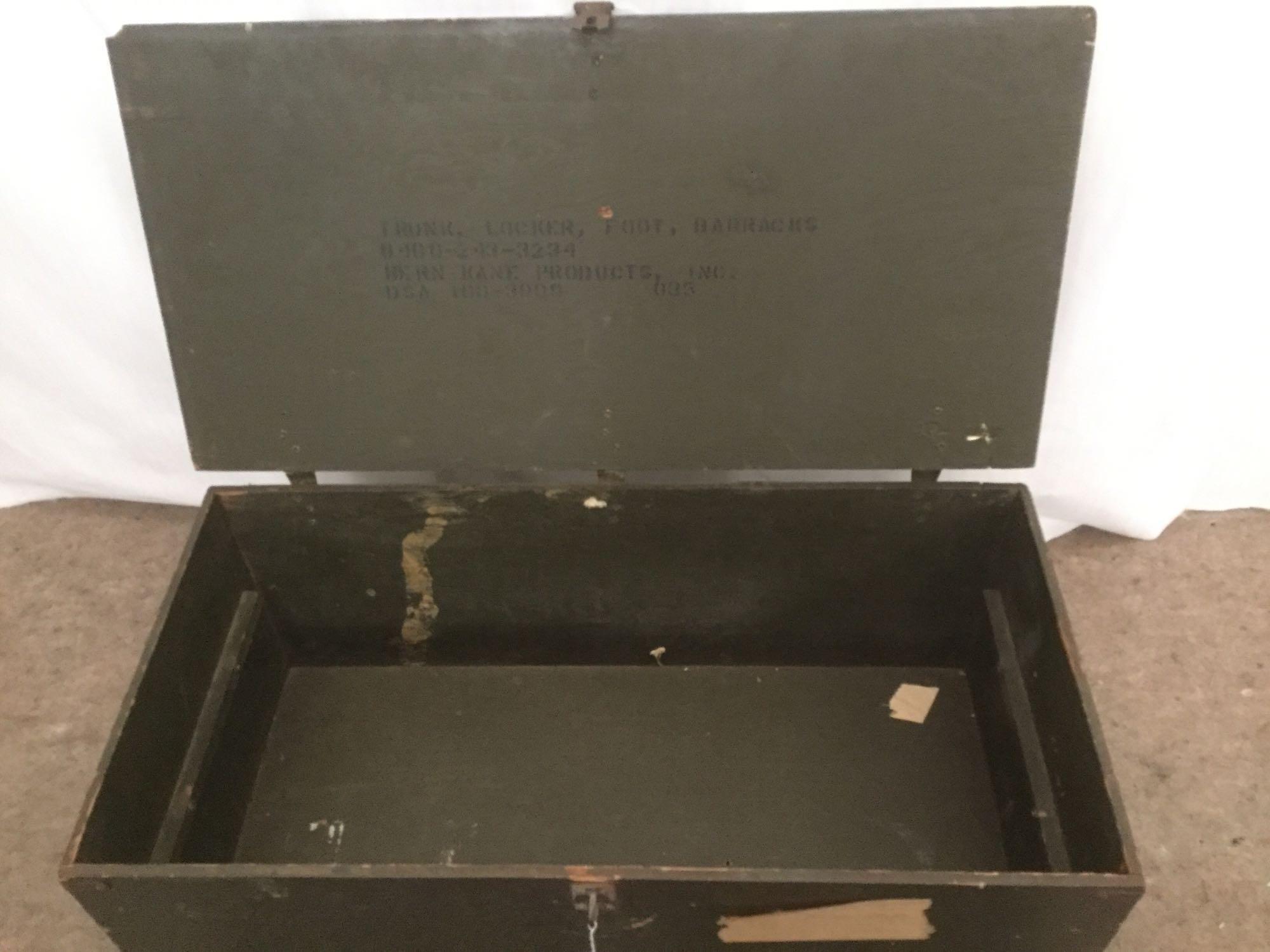 3 vintage green military footlocker storage trunks incl. 1 1951 Green Bingley trunk and more