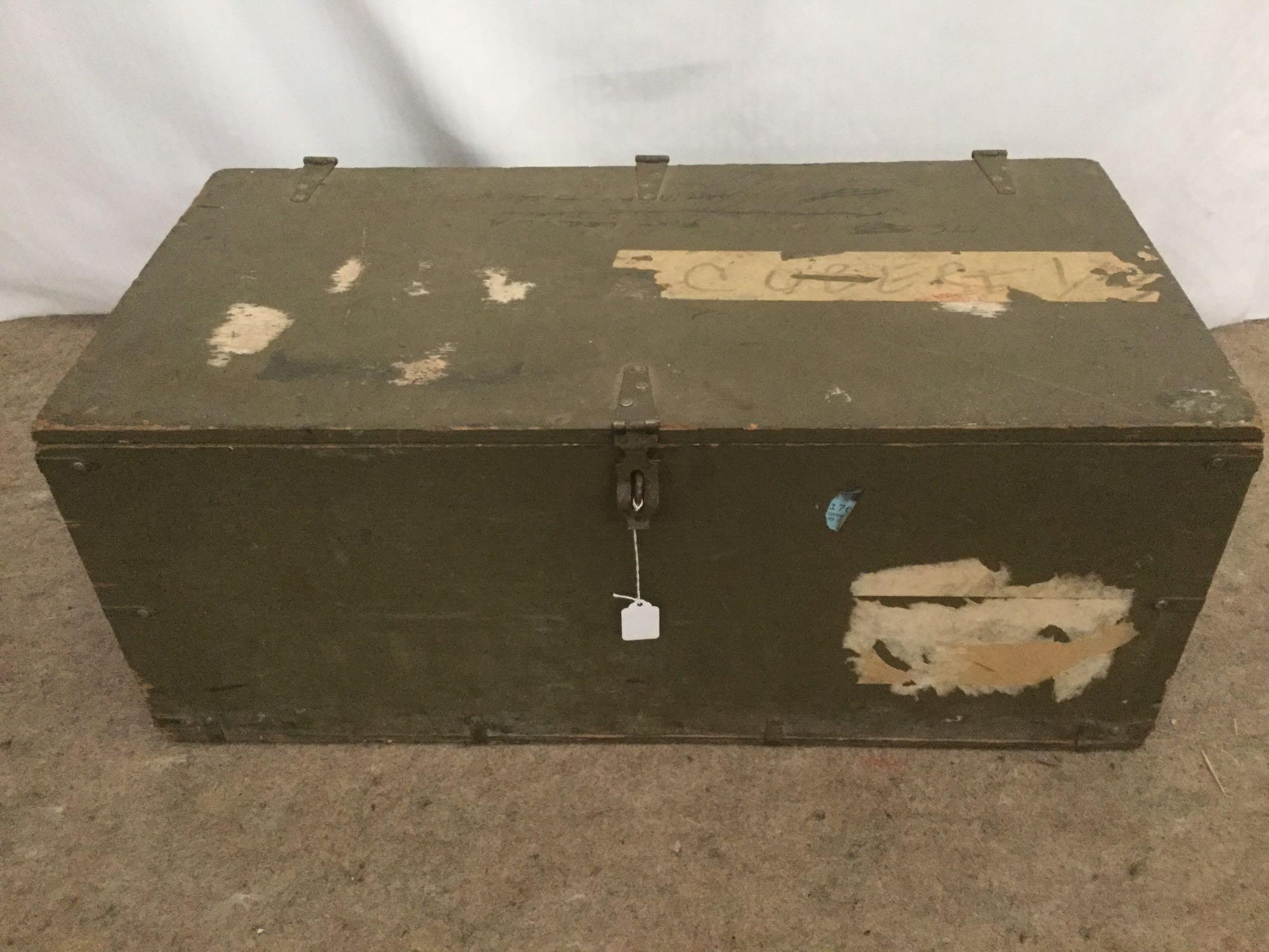 3 vintage green military footlocker storage trunks incl. 1 1951 Green Bingley trunk and more