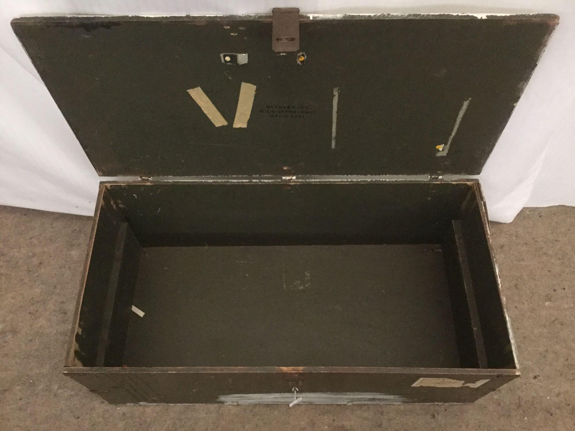 3 vintage green military footlocker storage trunks incl. 1 1951 Green Bingley trunk and more