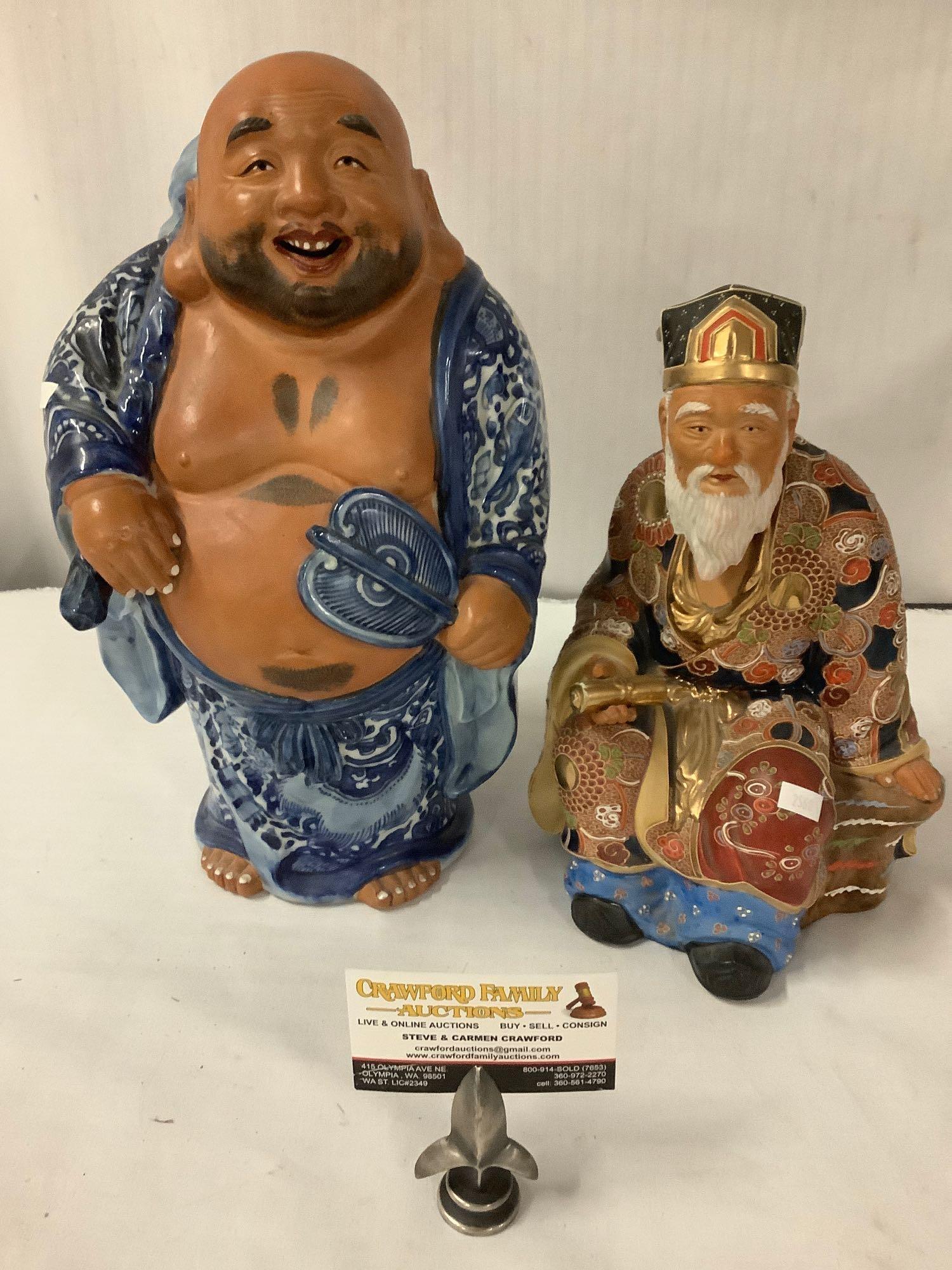 2 Asian Porcelain statues with bright colors - robed jubilant man (marked) + Imari painted elder