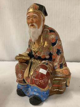 2 Asian Porcelain statues with bright colors - robed jubilant man (marked) + Imari painted elder