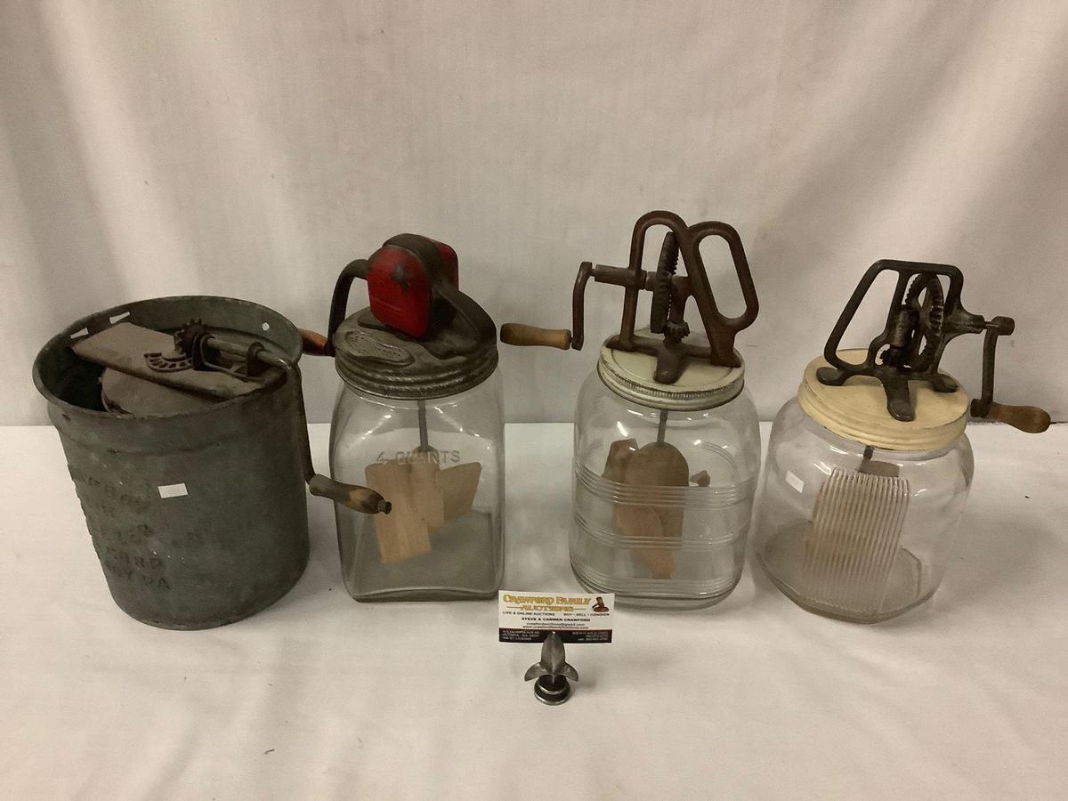 Antique Sonny Boy ice cream bucket w/ 3 antique butter churns incl. "Dandy" 4 qt, unmarked 4 qt +