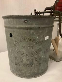 Antique Sonny Boy ice cream bucket w/ 3 antique butter churns incl. "Dandy" 4 qt, unmarked 4 qt +