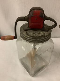 Antique Sonny Boy ice cream bucket w/ 3 antique butter churns incl. "Dandy" 4 qt, unmarked 4 qt +