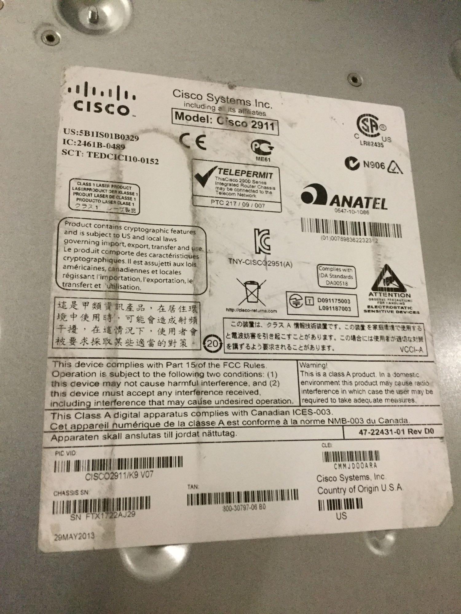 9 CiscoSystems routers and switches - 5 Cisco 2911 Integrated Services Routers, 2651XM router +