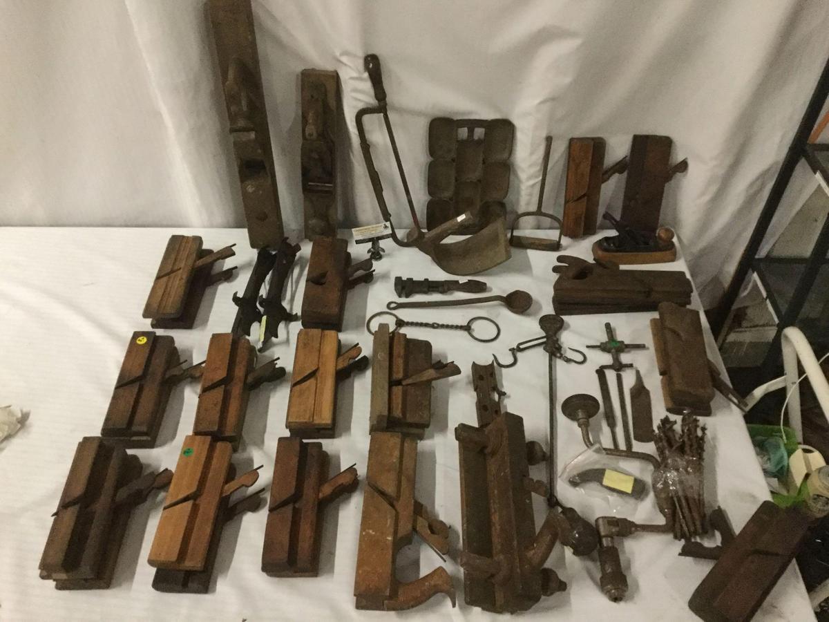 Massive antique tool lot - 25 planers, files, wrench, hanging beam scale & more primitives!