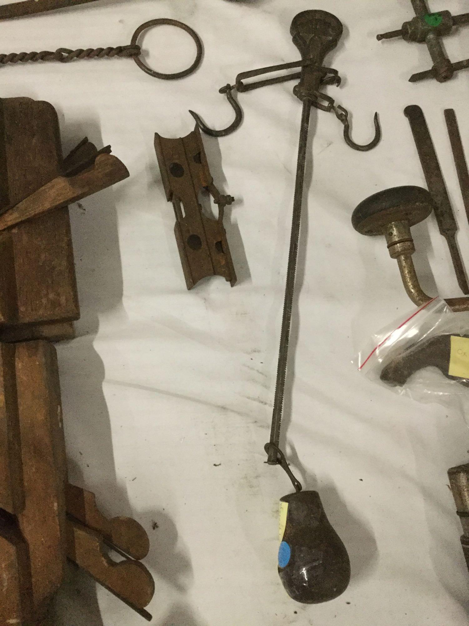 Massive antique tool lot - 25 planers, files, wrench, hanging beam scale & more primitives!