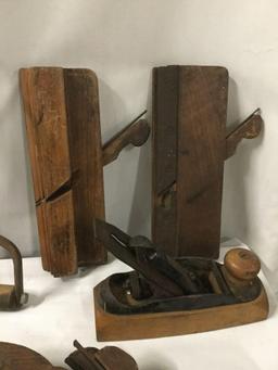 Massive antique tool lot - 25 planers, files, wrench, hanging beam scale & more primitives!