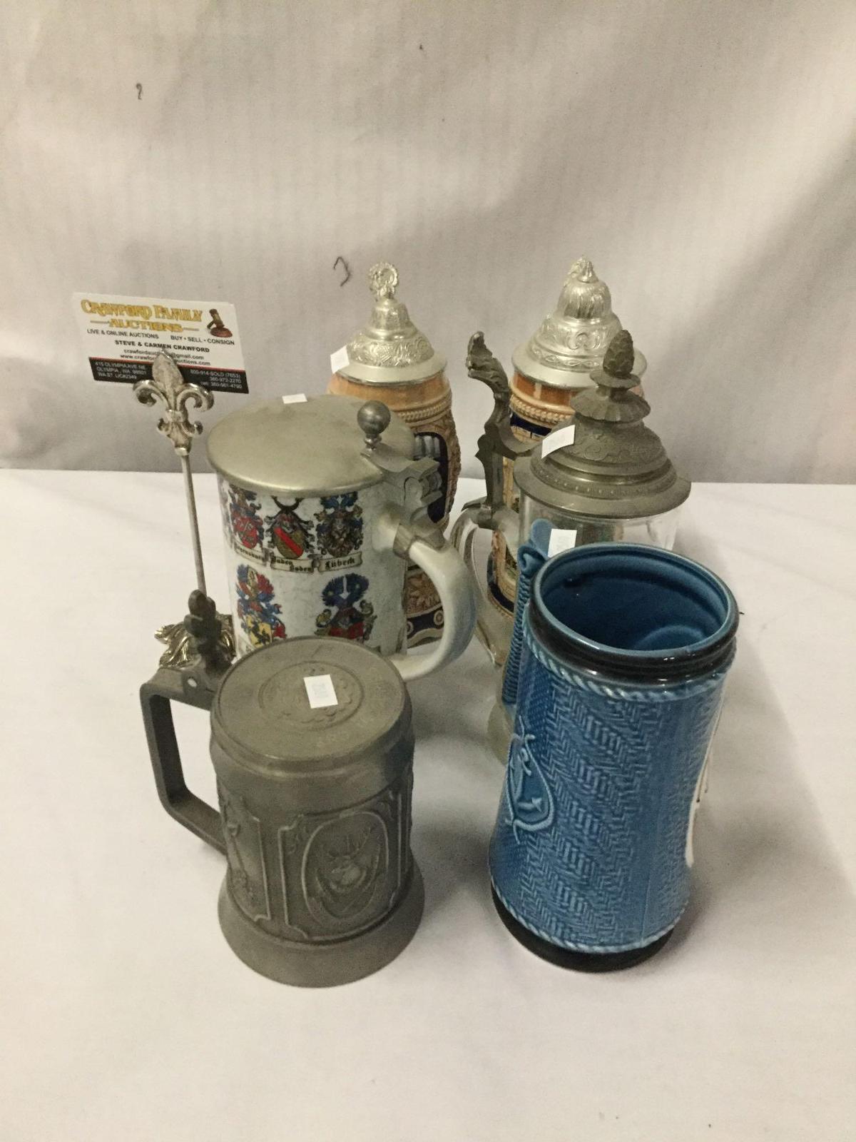 6 German steins made of metal, stoneware, glass. Handschliff, Mapsa and more!