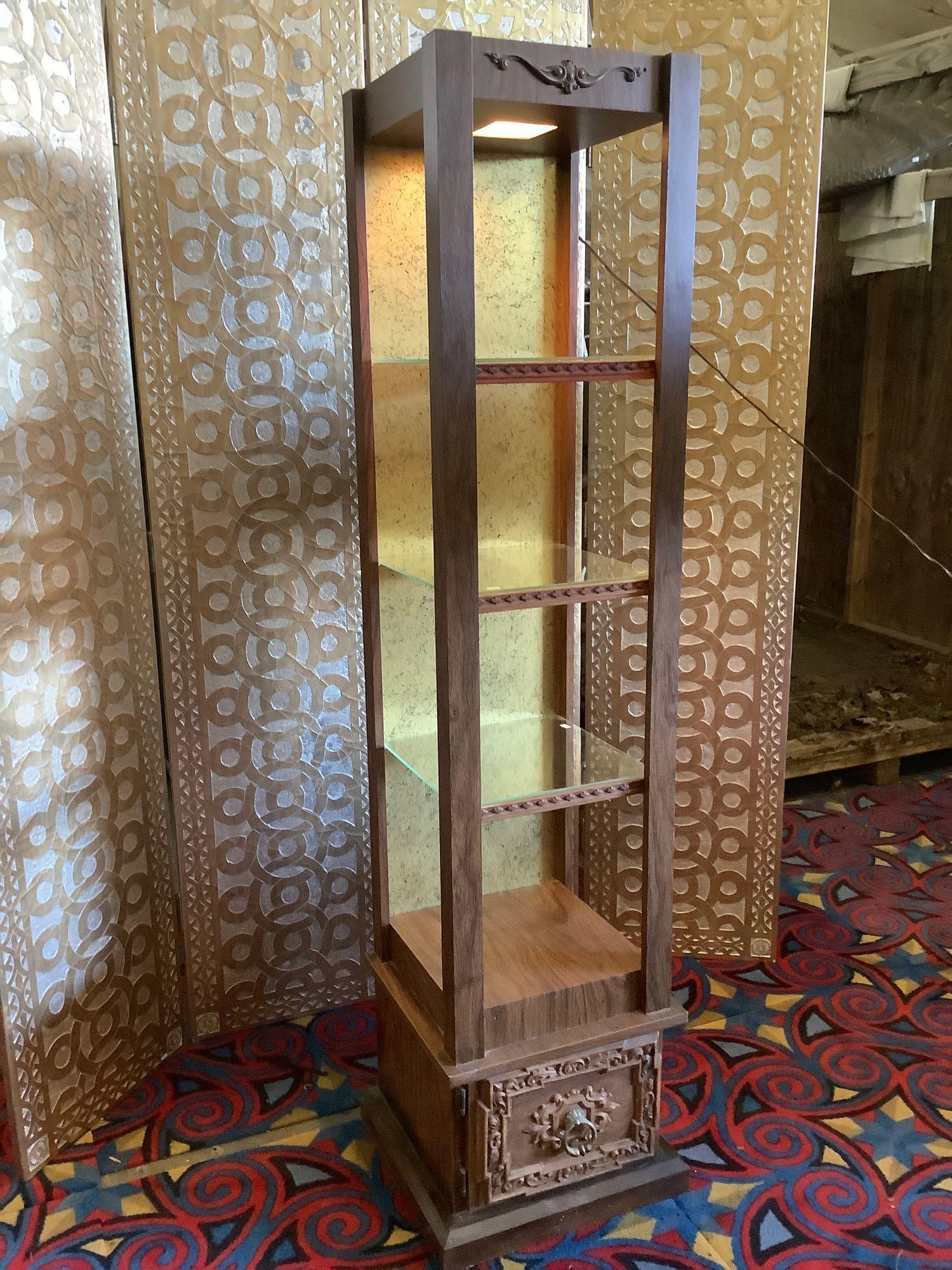 Vintage lighted open display shelf skinny curio with 3 glass shelves & cabinet bottom