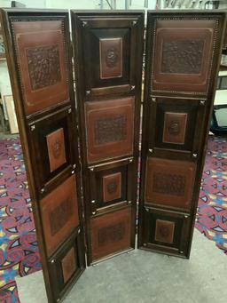 Maitland Smith 3-panel wood & leather room divider w/ cherub & lion crest design - priced @ $3095