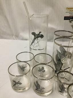 17 pc Canada Goose high balls, tumblers, and shot glasses w/ a pheasant pitcher & swizzle stick