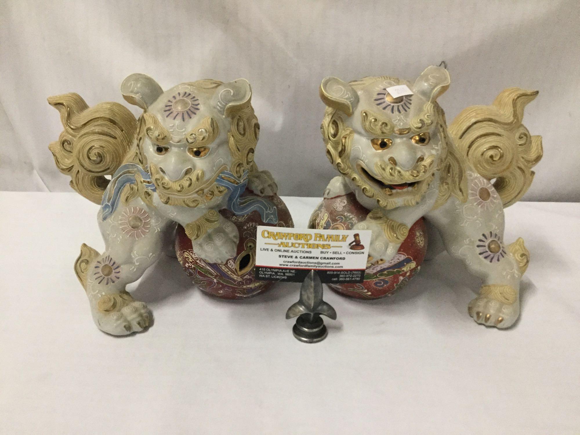 2 antique hand painted imari style Chinese porcelain Guardian Lion /foo dog statues.