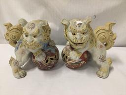 2 antique hand painted imari style Chinese porcelain Guardian Lion /foo dog statues.