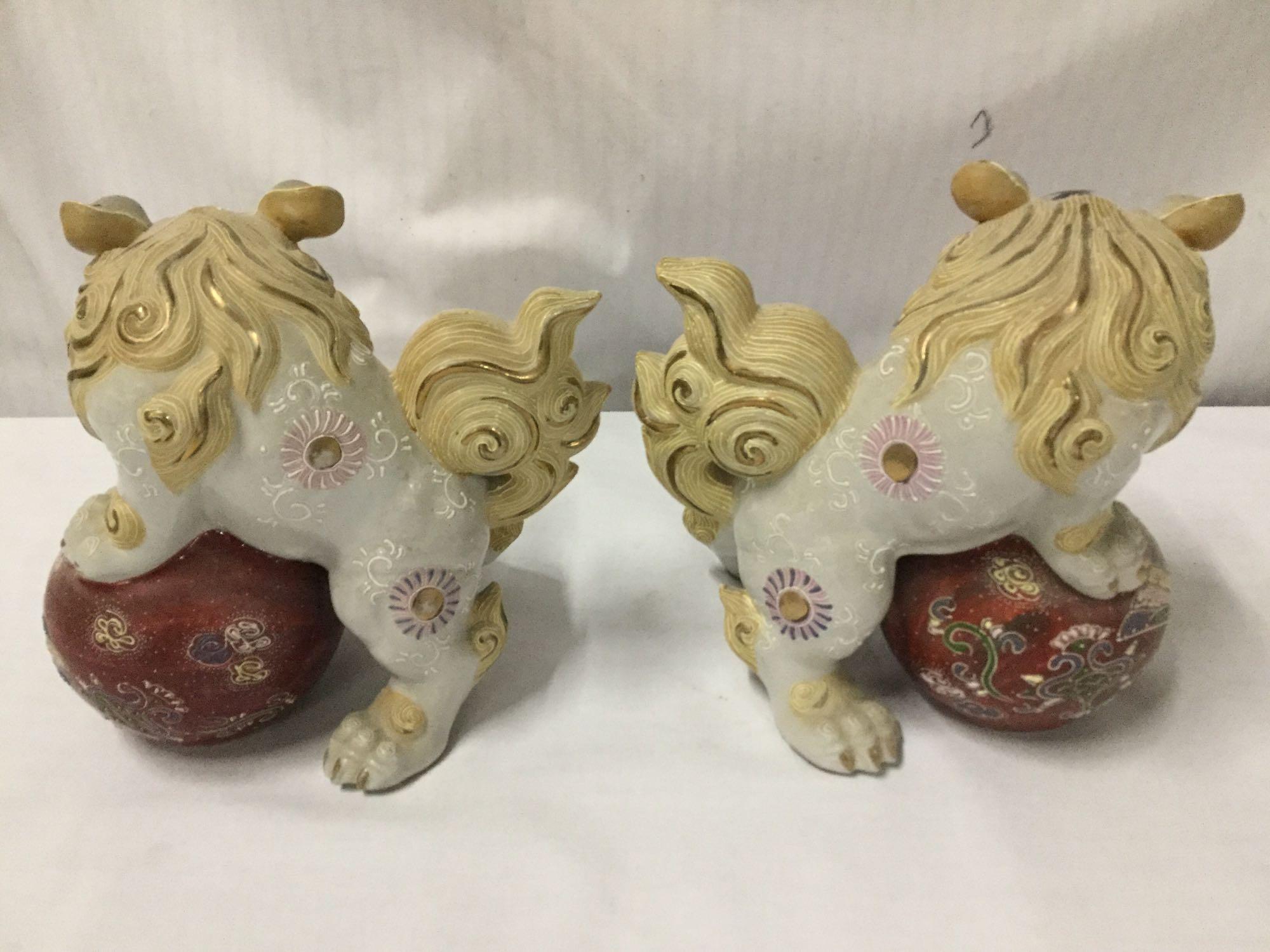 2 antique hand painted imari style Chinese porcelain Guardian Lion /foo dog statues.