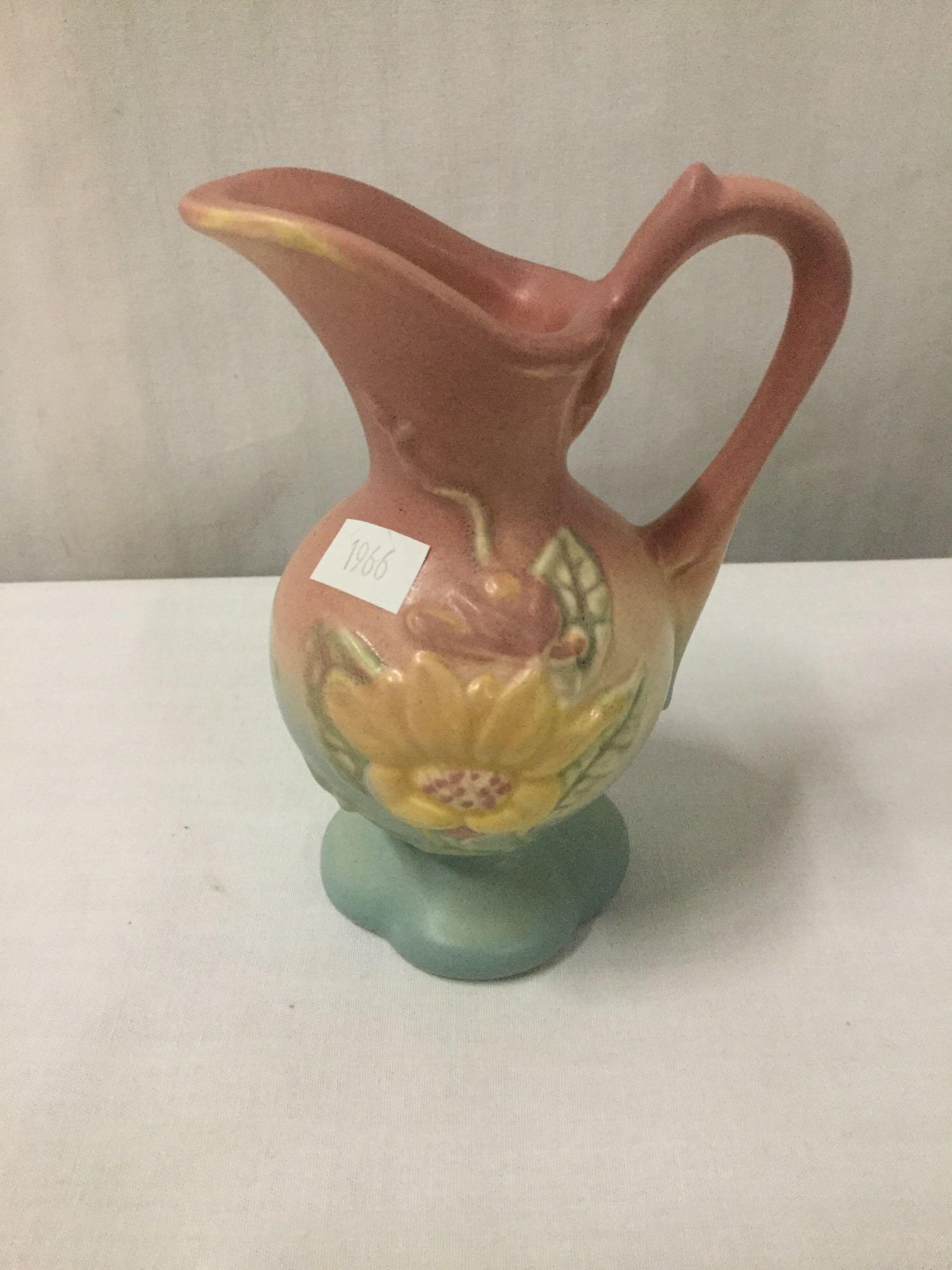 Hull pottery 1930-40's dual handle tulip motif vase, swan handled tulip vase & sunflower pitcher