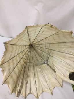 6 antique Victorian umbrellas incl. black lace umbrella, jeweled top green umbrella and more