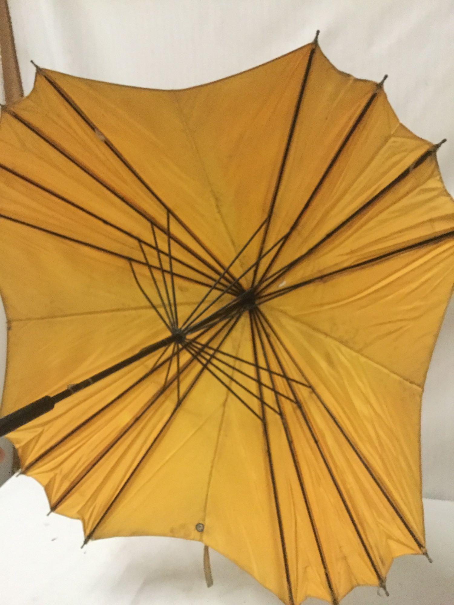 5 mid century & antique umbrellas incl. multiple colors/handle styles - see photo, as is